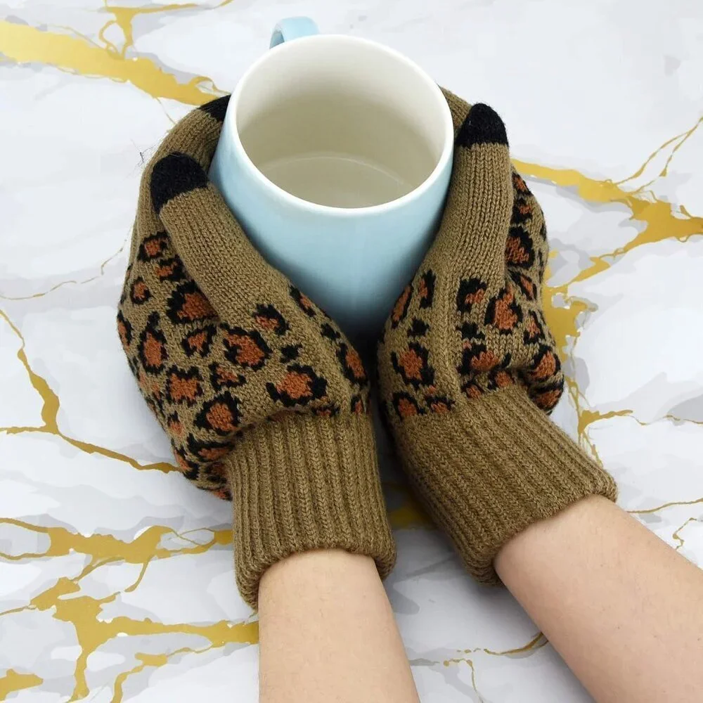 Leopard Print Winter Hat Gloves Scarf Set Womens Teen Warm Plush Acrylic